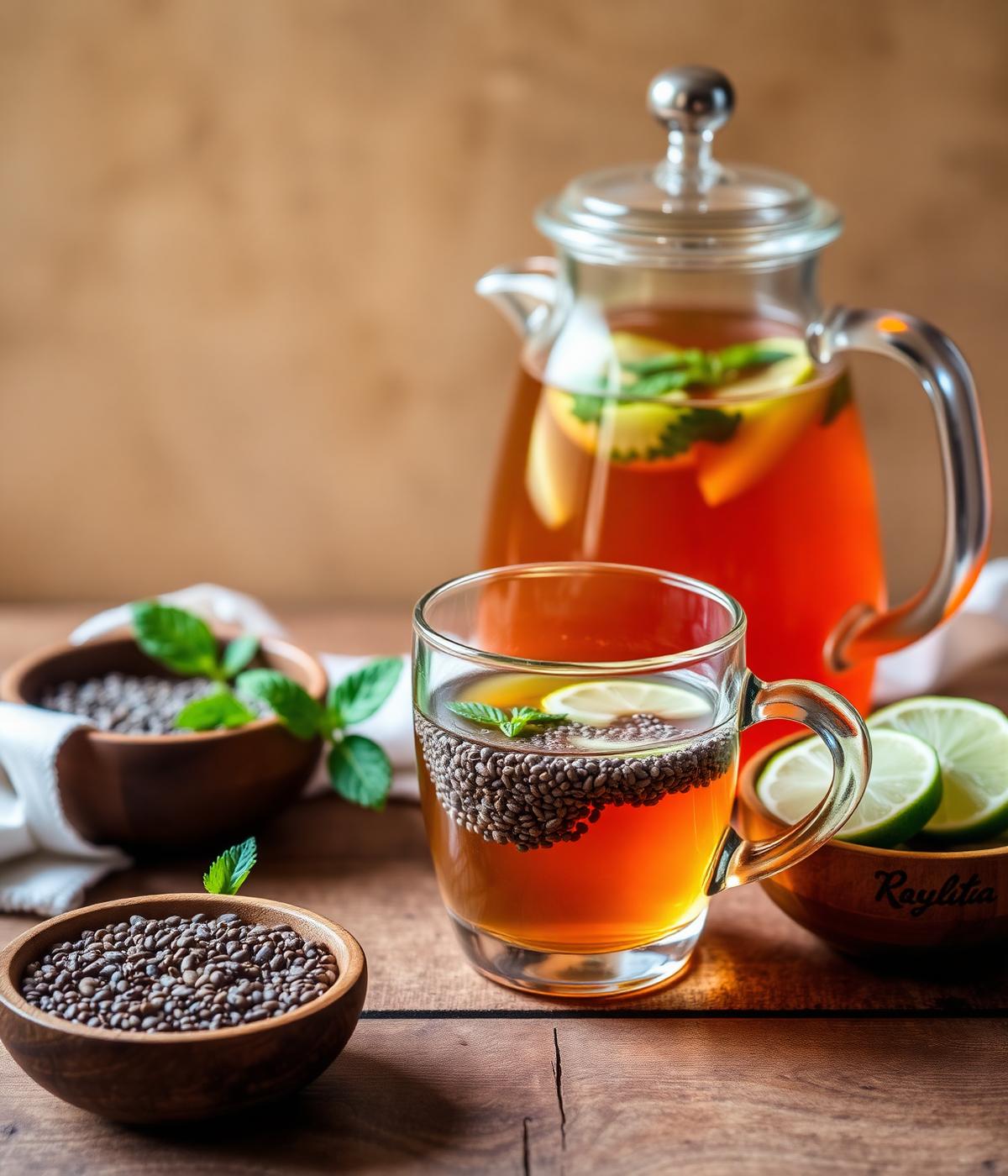 Infusión de chía servida en tetera y taza de vidrio